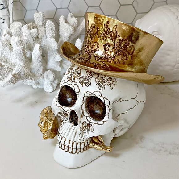 NEW! GOTH GLAM SKULL SKELETON ROSE & HAT - Picture 4 of 5